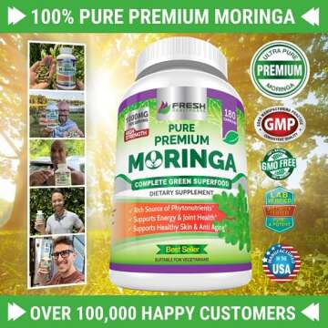 FRESH HEALTHCARE Moringa Oleifera 180 Capsules – 100% Pure Leaf Powder - 3 Month Supply - Non GMO and Gluten Free - Complete Green Superfood Supplement - Energy, Metabolism and Immune Support