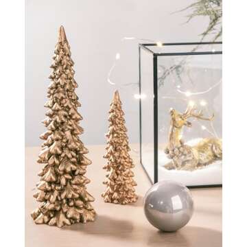 RM ROOMERS Resin Christmas Tree Figurines Clearance,2Pcs Small Gold Christmas Decorative Figurine Set, Indoor Tabletop Christmas Tree Statues for Holiday Desk Decor Centerpieces rnaments Gifts