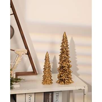 RM ROOMERS Resin Christmas Tree Figurines Clearance,2Pcs Small Gold Christmas Decorative Figurine Set, Indoor Tabletop Christmas Tree Statues for Holiday Desk Decor Centerpieces rnaments Gifts