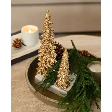 RM ROOMERS Resin Christmas Tree Figurines Clearance,2Pcs Small Gold Christmas Decorative Figurine Set, Indoor Tabletop Christmas Tree Statues for Holiday Desk Decor Centerpieces rnaments Gifts