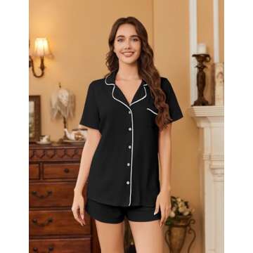 Ekouaer Womens Pajamas Set Soft Classic Notch Collar Bride Pjs Comfy Short Sleeve Sleepwear Loungewear,Black,Small