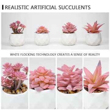 VIVERIE Mini Succulents Plants Artificial in Pots-Rose Pink, Christmas Small Fake Succulents Plants for Home Halloween Decor Indoor for Women, White Ceramic, Set of 4, Gifts for Mom