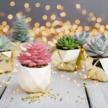 VIVERIE Mini Succulents Plants Artificial in Pots-Rose Pink, Christmas Small Fake Succulents Plants for Home Halloween Decor Indoor for Women, White Ceramic, Set of 4, Gifts for Mom