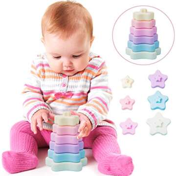 Promise Babe Stacking Toys, Silicone Stacking Rings Teething Toy with Star Shape, Soft Building Blocks, Montessori Early Educational Toy for 6 Month+ Boys & Girls 6Pcs