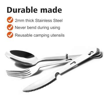 KINLINK 4-in-1 Camping Utensils 3-Pack, Portable Stainless Steel Spoon, Fork, Knife & Bottle Opener Combo Set, Travel/Camping/Hiking/Picnic/Barbecue/Outdoor Backpacking Utensils with Carrying Bag