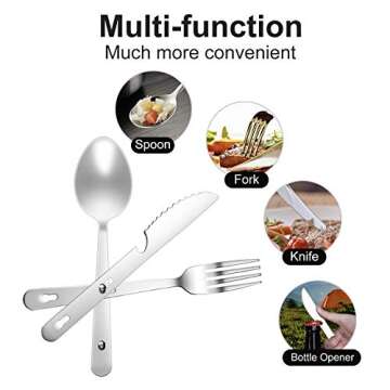 KINLINK 4-in-1 Camping Utensils 3-Pack, Portable Stainless Steel Spoon, Fork, Knife & Bottle Opener Combo Set, Travel/Camping/Hiking/Picnic/Barbecue/Outdoor Backpacking Utensils with Carrying Bag