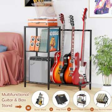 Yoimori Guitar Stand Guitar Rack Multiple Guitars Holder for Acoustic, Electric Guitar,Bass,3-Tier Storage Shelf for Guitar Amp Picks Accessories,Guitar Stands Floor Display for Music Studio