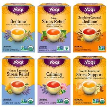 Yogi Tea - Stress Relief and Herbal Tea Variety Pack Sampler (6 Pack) - With Bedtime, Kava, Soothing Caramel, Honey Lavender, Calming, and Sweet Clementine - Caffeine Free - 96 Organic Herbal Tea Bags