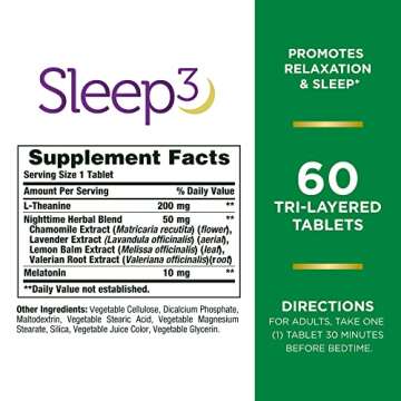 Nature's Bounty Sleep3 Melatonin 10mg, Maximum Strength 100% Drug Free Sleep Aid, Dietary Supplement, L-Theanine & Nighttime Herbal Blend Time Release Technology, 60 Tri-Layered Tablets