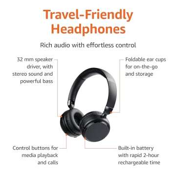 Amazon Basics Bluetooth Wireless On Ear Headphones - 35 Hr Playtime, Foldable, Black