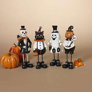 One Holiday Way Set of 4 Collectible Vintage 7.5-Inch Halloween Character Figurines - Pumpkin, Black Cat, Skeleton, Ghost - Spooky Table, Desk, Mantel, Shelf Decorations - Tabletop Party or Home Decor