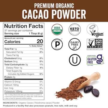 Viva Naturals Organic Cacao Powder - 8 oz Unsweetened Chocolate Flavor