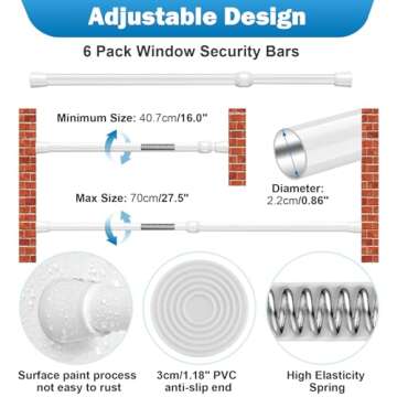 Artoshin 6 Pack Window Security Bar Adjustable Sliding Lock Security Stick for Rubber Tips, Adjustable Sliding Glass Door Lock Bars 15.7''-27.5'' Window Safety Lock Bar (16" to 28"-6Pcs)