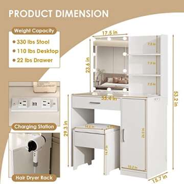Makeup Vanity Desk with Lighted Mirror & Power Strip,Makeup Vanity Table with Lights and Lots Storage,3 Lighting Modes,35in Large Drawers Dressing Table,White