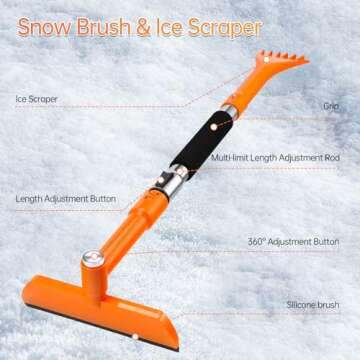 49.2inch Ice Scrapers for Car Windshield, Ice Scraper with Snow Brush ,Extendable Snow Removal Tool for Car Window with Foam Grip,360° Silicone Brush Head for Christmas Car Auto Truck SUV（Orange）