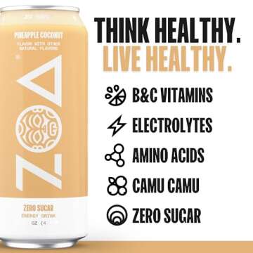 ZOA Zero Sugar Energy Drinks, Pineapple Coconut - Sugar Free with Electrolytes, Healthy Vitamin C, Amino Acids, Essential B-Vitamins, and Caffeine from Green Tea - 16 Fl Oz (12-Pack)