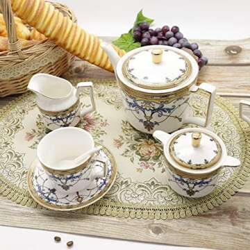 fanquare 15 Pieces Porcelain Tea Sets British Royal Series, Blue Vintage Pattern China Coffee Set, Tea Service for Adults