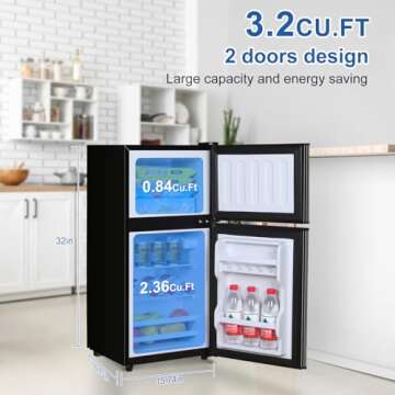 Mini Fridge with Freezer, 3.2 Cu.Ft Small Fridge, Energy Saving, Low Noise,7 Adjustable Thermostat, Double Door Small Refrigerator for Dorm, Bedroom, Office