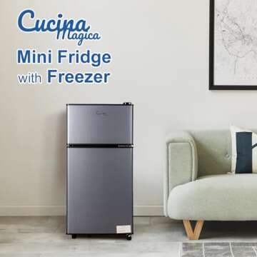 Mini Fridge with Freezer, 3.2 Cu.Ft Small Fridge, Energy Saving, Low Noise,7 Adjustable Thermostat, Double Door Small Refrigerator for Dorm, Bedroom, Office