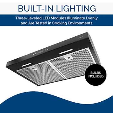 Broan-NuTone BCDJ130BL Glacier Sahale 30-inch Under-Cabinet Easy Install 4-Way Convertible Range Hood with 3-Speed Exhaust Fan and Light, Black