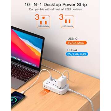 15FT Flat Extension Cord, Flat Plug Power Strip with USB C, Ultra Thin Flat Plug Extension Cord - 6 Outlets with 4 USB Ports(2 USB C Outlet), No Surge Protector for Dorm Room Travel Essentials