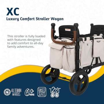 Keenz XC 2.0 - Luxury Comfort Stroller Wagon | Foldable 2 Passenger Double Seater with Adjustable Canopy | Cream