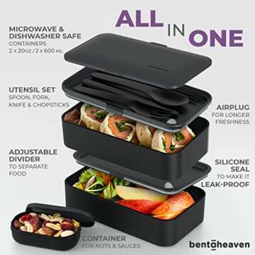 Bentoheaven Premium Bento Box Adult Lunch Box with Compartments for Women & Men, Set of Utensil & Chopsticks & Dip Container, Cute Japanese Kids Bento Lunch Box, Microwavable (Outer Space)