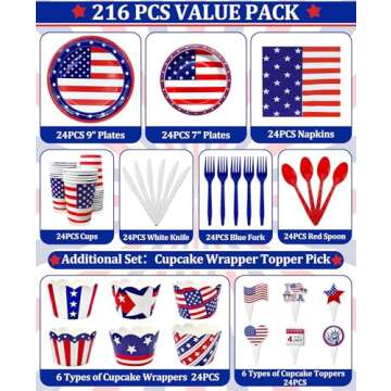 TURNMEON 168 Pcs 4th of July Decorations American Flag Patriotic Party Supplies Serve 24, 4th of July Plates Napkins Cups Knives Forks Spoons Red White and Blue Decorations for Independence Day