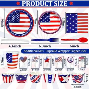 TURNMEON 168 Pcs 4th of July Decorations American Flag Patriotic Party Supplies Serve 24, 4th of July Plates Napkins Cups Knives Forks Spoons Red White and Blue Decorations for Independence Day