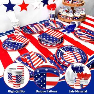 TURNMEON 168 Pcs 4th of July Decorations American Flag Patriotic Party Supplies Serve 24, 4th of July Plates Napkins Cups Knives Forks Spoons Red White and Blue Decorations for Independence Day