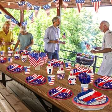 TURNMEON 168 Pcs 4th of July Decorations American Flag Patriotic Party Supplies Serve 24, 4th of July Plates Napkins Cups Knives Forks Spoons Red White and Blue Decorations for Independence Day