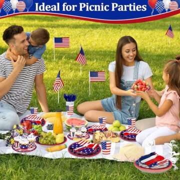 TURNMEON 168 Pcs 4th of July Decorations American Flag Patriotic Party Supplies Serve 24, 4th of July Plates Napkins Cups Knives Forks Spoons Red White and Blue Decorations for Independence Day