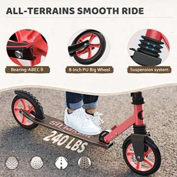 WAYPLUS Lightweight Kick Scooter for Kids, Teens and Adults, Foldable, 8-Inch Non-Slip Deck, ABEC9 Bearing, Adjustable Height 3.9-6.2FT, Red