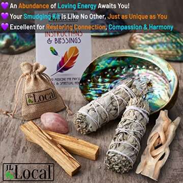 JL Local Perfect Unity Smudging Kit - 2 White Sage Smudge Sticks + 2 Palo Santo Sticks + Abalone Shell Bowl + Rose Quartz Crystal | Healing Incense for Cleansing, Blessing, Protection, Meditation