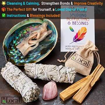 JL Local Perfect Unity Smudging Kit - 2 White Sage Smudge Sticks + 2 Palo Santo Sticks + Abalone Shell Bowl + Rose Quartz Crystal | Healing Incense for Cleansing, Blessing, Protection, Meditation