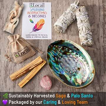 JL Local Perfect Unity Smudging Kit - 2 White Sage Smudge Sticks + 2 Palo Santo Sticks + Abalone Shell Bowl + Rose Quartz Crystal | Healing Incense for Cleansing, Blessing, Protection, Meditation