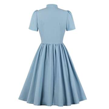 Vintage Women 1940s Bow Tie Neck Dress Retro 40s 50s Button Up Business Work A-line Cocktail Dresses Light Blue M