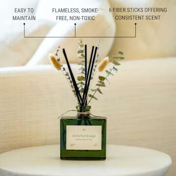 Craft & Kin Reed Diffuser Set with Dried Flowers, 5 oz Stone Fruit & Sage Scented Reed Diffuser with Sticks, Scented Sticks Diffuser, Elegant Home Decor & Office Decor | Reed Diffuser for Home