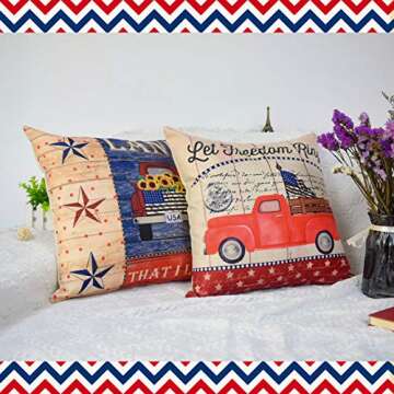 Faromily Vintage Wood Patriotic Truck with American Flag Pillow Covers Independence Day Farmhouse Animal Rooster Throw Pillow Case Cushion Cover 18" X 18" Set of 4 (Independence Day Flag)