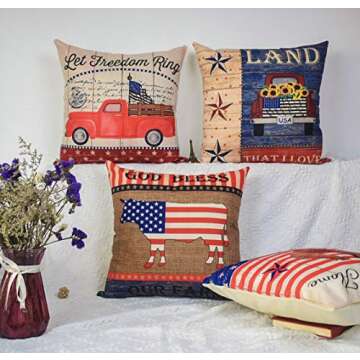 Faromily Vintage Wood Patriotic Truck with American Flag Pillow Covers Independence Day Farmhouse Animal Rooster Throw Pillow Case Cushion Cover 18" X 18" Set of 4 (Independence Day Flag)