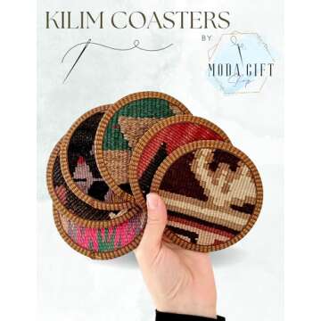 Kilim Fabric Coaster Set, Boho Coaster Set, Midwestern Coasters, Cloth Coaster Set, Authentic Turkish Kilim (6 Coasters)