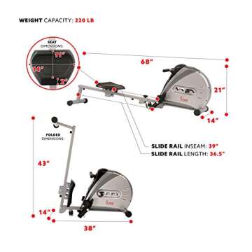 Sunny Health & Fitness Rowing Machine Rower Ergometer with Digital Monitor, Inclined Slide Rail, 220 LB Max Weight and Foldable - SF-RW5606