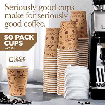 Disposable To Go Paper Cups with Lids (50 Pack) - 12 oz Hot & Cold Beverage Cups for Coffee, Tea, Water, Juice - Eco Friendly