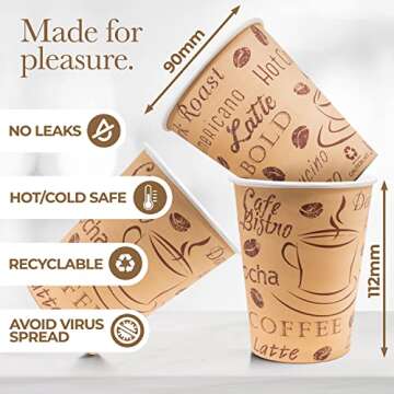 Disposable To Go Paper Cups with Lids (50 Pack) - 12 oz Hot & Cold Beverage Cups for Coffee, Tea, Water, Juice - Eco Friendly