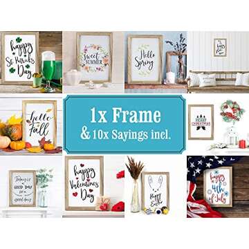 KIBAGA Farmhouse Wall Decor Signs For Christmas Decorations With Interchangeable Sayings - Rustic 11x16” Wood Picture Frame with 10 Designs - Easy To Hang Indoor Fall Decor For Your Home