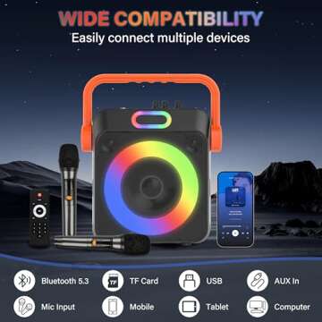 Karaoke Machine with 2 Wireless Microphones, Karaoke Machine for Adults & Kids, Portable Bluetooth Karaoke Speaker with Bass/Treble Adjustment, PA System, LED Lights, Supports TWS/USB/TF/REC/FM/AUX