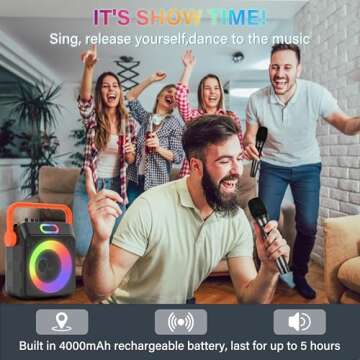 Karaoke Machine with 2 Wireless Microphones, Karaoke Machine for Adults & Kids, Portable Bluetooth Karaoke Speaker with Bass/Treble Adjustment, PA System, LED Lights, Supports TWS/USB/TF/REC/FM/AUX