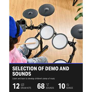 Donner DED-70 Electric Drum Set with 4 Quiet Mesh Drum Pads, 2 Switch Pedal, Portable and Solid Drum Set with Type-C Charging, 68+ Sounds, Throne, Headphones, Sticks, Melodics Lessons