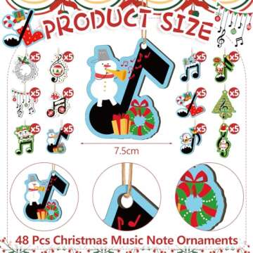 Menkxi 48 Pcs Christmas Music Note Ornaments for Tree Treble Clef Wooden Christmas Ornaments Vintage Musical Notes Decorative Xmas Hanging Ornaments with Rope Home Rock Roll Party Decorations