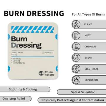 RHINO RESCUE Burn Kit, 4pcs Burn Dressings 4x4”, 8pcs Burn Gel Packets 3.5g, 4pcs Burn Pads, First Aid Kit Cooling Soothing Cream Relief with Bandage, Nitrile Gloves, Scissors, Tape, HSA/FSA Eligible